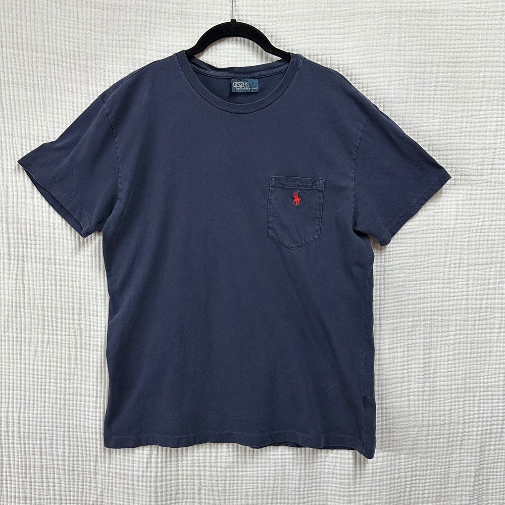 VTG Polo Ralph Lauren Pocket T-Shirt Mens S/M Navy Blue Single Stitch Red Pony